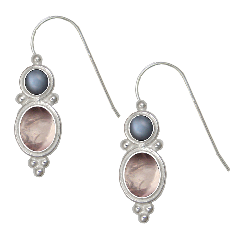 Sterling Silver Drop Dangle Earrings Rose Quartz And Grey Moonstone